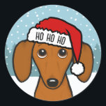 Cute Dachshund Santa Wiener Hund jul Runt Klistermärke<br><div class="desc">Sprid helgdag munter med det här vackra julklistermärket! Dekalen har en söt Doxie som bär en ljusröd julhatt med vit trim. HO HO kan vara personlig med namn eller annan text. Dessa skal- och klistermärken kan användas för att försegla kuvert eller paket för helgdagarna på ett sött och festligt sätt....</div>