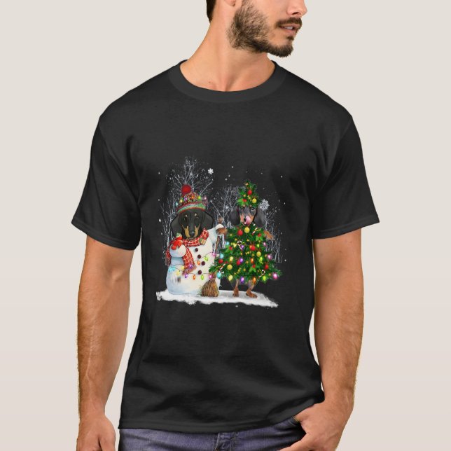 Cute Dachshund Snögubbe Träd Hund älskare Gift for T Shirt (Framsida)