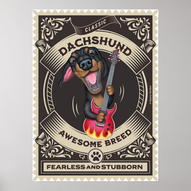 Cute Dachshund Spelar upp Guitar Poster (Framsidan)