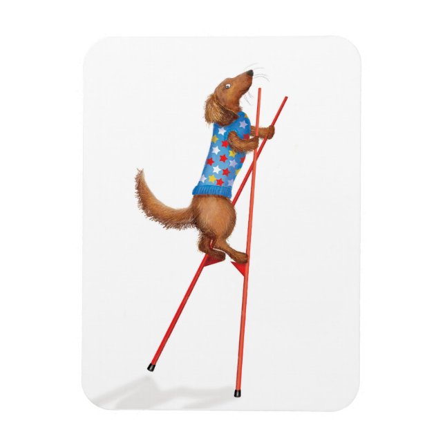 Cute dachshund walking on stilts magnet (Vertikal)