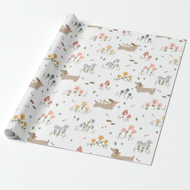 Cute Dachshund Wildblomma Birthday Baby Party Presentpapper (Utrullad)