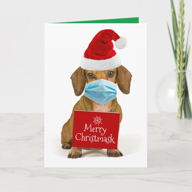 Cute Dachshund with Ansikte mask- Merry Christmask Helgkort (Framsida)