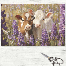 Cute Dairy Cow Calves Lupine Flowers Decoupage