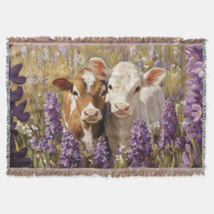Cute Dairy Cow Calves Lupine Flowers Filt