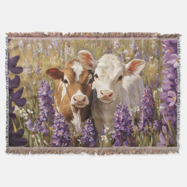 Cute Dairy Cow Calves Lupine Flowers Filt (Framsidan)