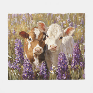 Cute Dairy Cow Calves Lupine Flowers Fleecefilt