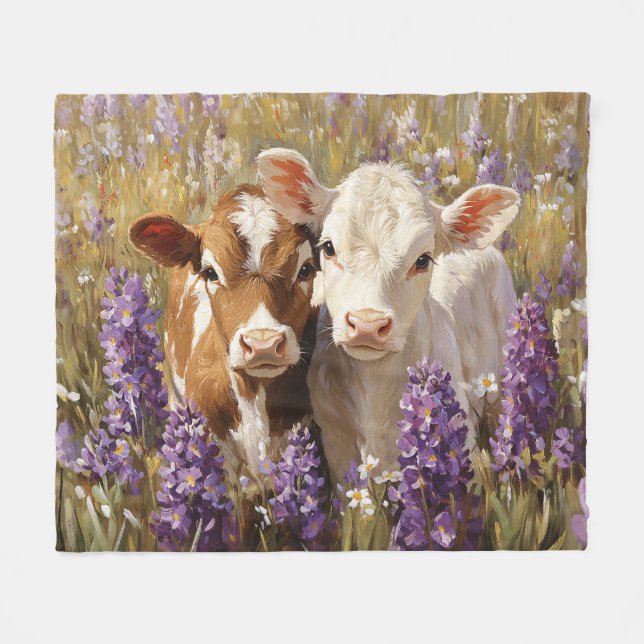 Cute Dairy Cow Calves Lupine Flowers Fleecefilt (Framsidan (Horisontell))