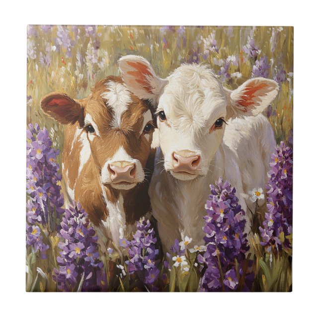 Cute Dairy Cow Calves Lupine Flowers Kakelplatta (Framsidan)
