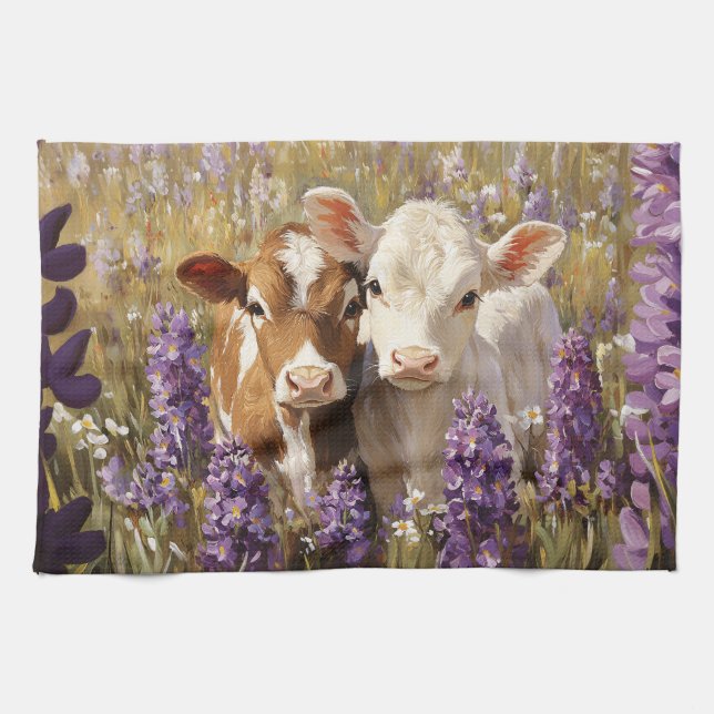 Cute Dairy Cow Calves Lupine Flowers Kökshandduk (Horisontell)