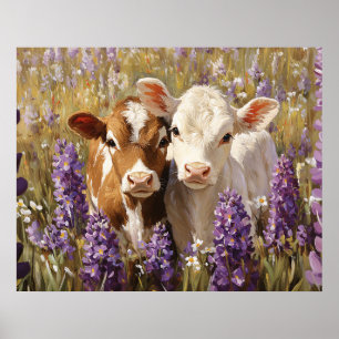 Cute Dairy Cow Calves Lupine Flowers Poster