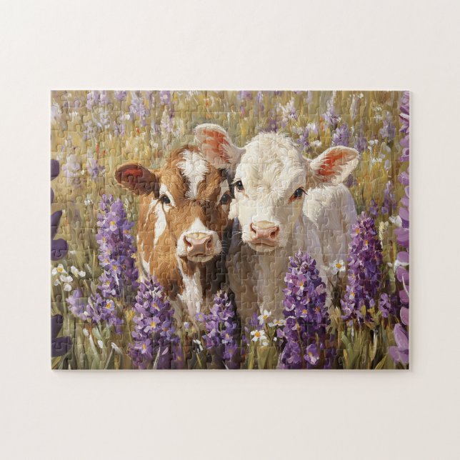 Cute Dairy Cow Calves Lupine Flowers Pussel (Horisontell)