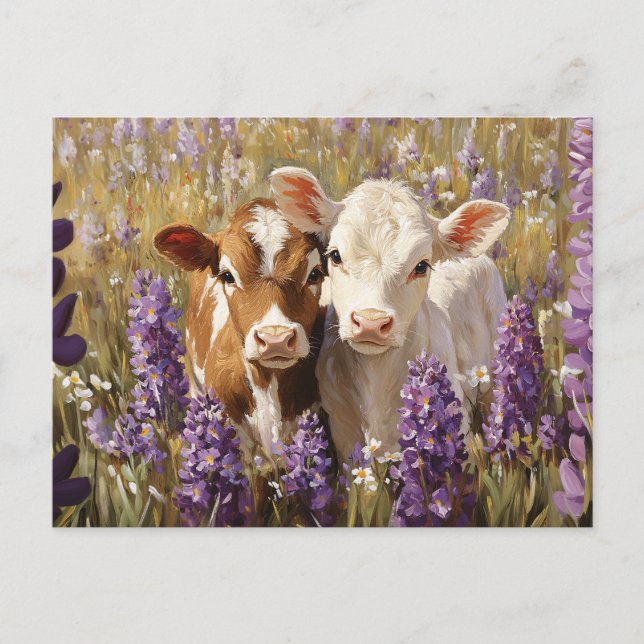 Cute Dairy Cow Calves Lupine Flowers Vykort (Framsida)