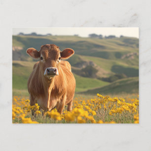 Cute Dairy Cow Gult Wildblommor Vykort
