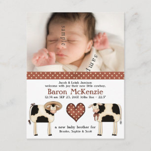 Cute Dairy Cows Nyfödd bebis BOY med födelsefoto Meddelande