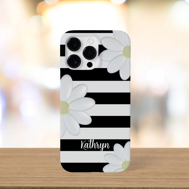 Cute Daisy Blommigt Black and White Rand (A cute black and white striped daisy phone case with space for your name)