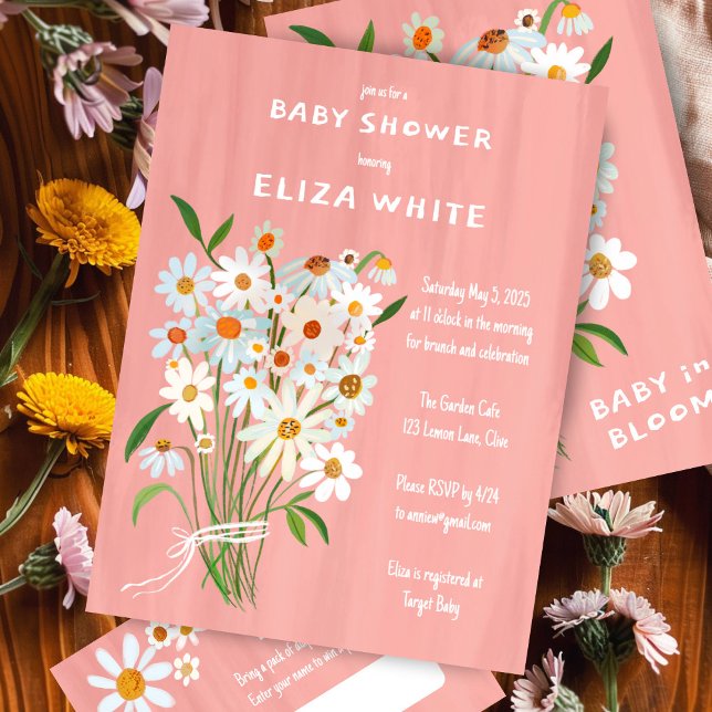 Cute Daisy Bouquet Handmålad Anpassningsbar Babykl Inbjudningar (Cute Daisy Bouquet Handpainted Custom Baby Shower Invitation Pink Girl Baby in Bloom Cute)