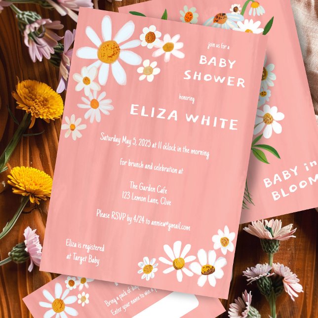 Cute Daisy Bouquet Handmålad Anpassningsbar Babykl Inbjudningar (Cute Daisy Bouquet Handpainted Custom Baby Shower Invitation Pink Baby Girl Baby in Bloom Floral)