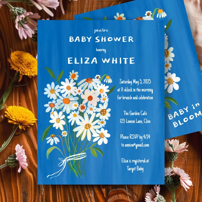 Cute Daisy Bouquet Handmålad Anpassningsbar Babykl Inbjudningar (Cute Daisy Bouquet Handpainted Custom Baby Shower Invitation Blue Boy Gouache Art )