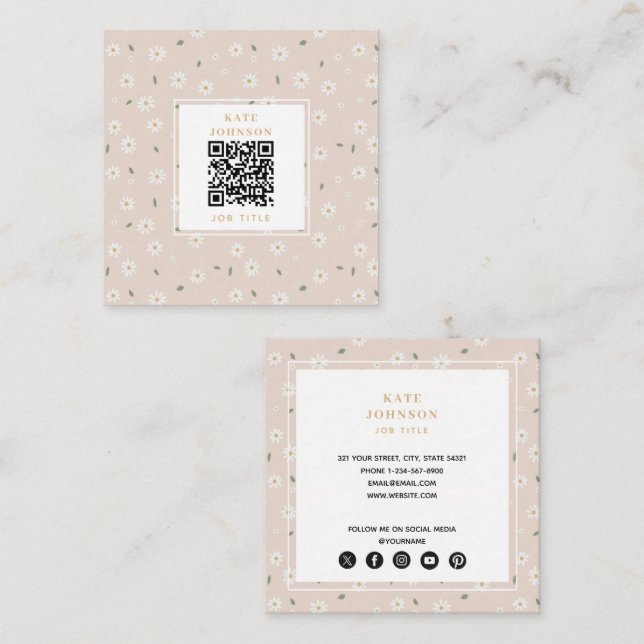 Cute Daisy Floral Blossoms & Greenery Florist Fyrkantigt Visitkort (Fram/baksida)