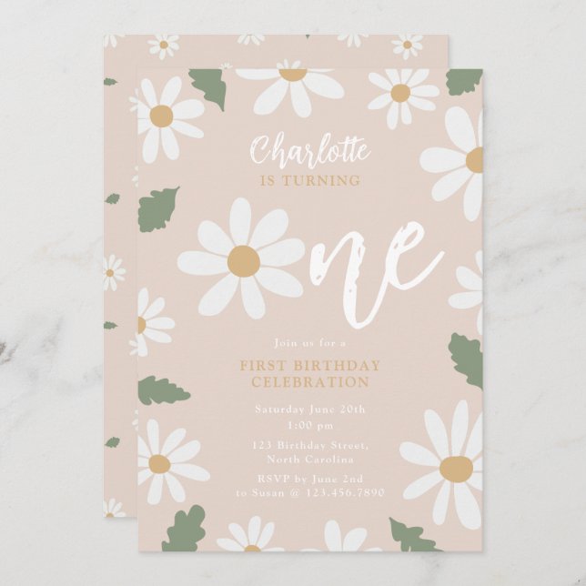 Cute Daisy Flower 1st Birthday Girl Pink Inbjudningar (Fram/baksida)