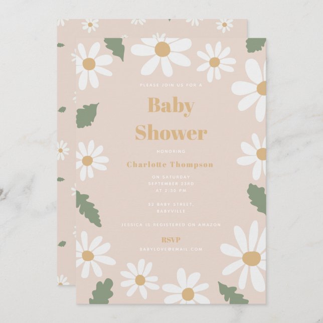 Cute Daisy Flower Baby Shower Girl Pink Inbjudningar (Fram/baksida)