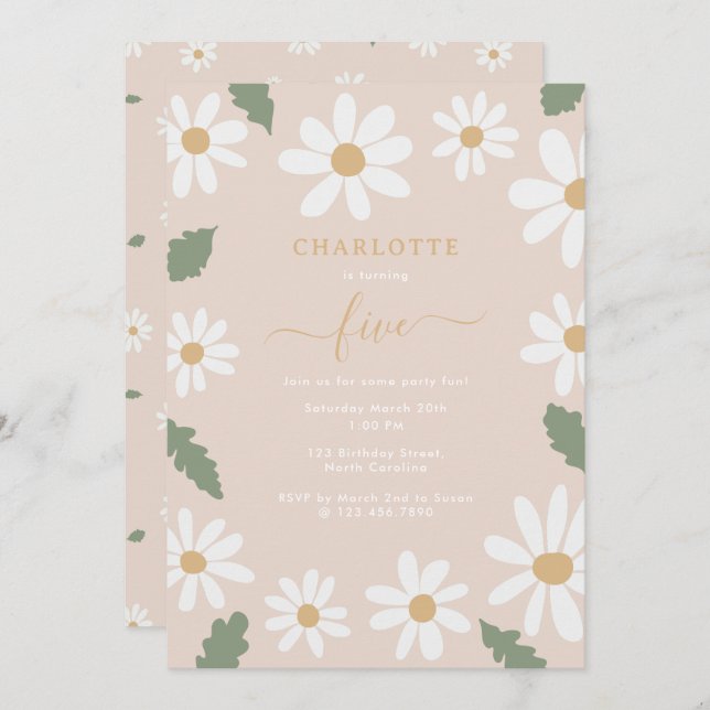 Cute Daisy Flower Födelsedagsfest Girl Rosa Inbjudningar (Fram/baksida)