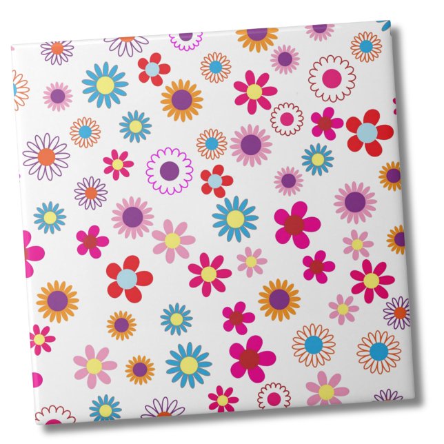 Cute Daisy Flower Mönster Kakelplatta (Cute Retro Groovy Daisy Flower Pattern ceramic tile)