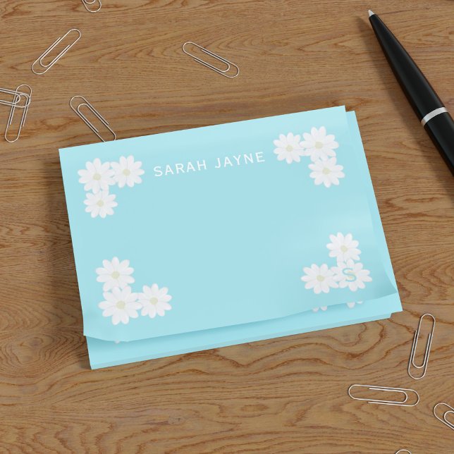Cute Daisy Flowers Aqua Blue Post it Notes Post-it Block (Love daisies and post it notes? Just add your name to these)