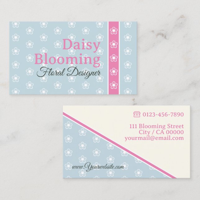 Cute Daisy Mönster Pastel Light Blue Rosa Florist Visitkort (Fram/baksida)