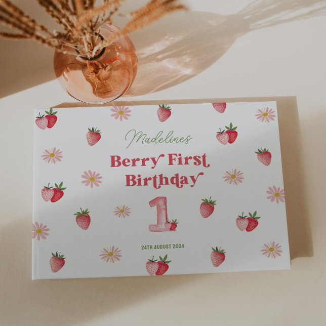 Cute Daisy och jordgubbar första födelsedag Gästböcker (Berry Sweet First Birthday Guest Book featuring Adorable Paste Daises & Berries for a cute Keepsake)