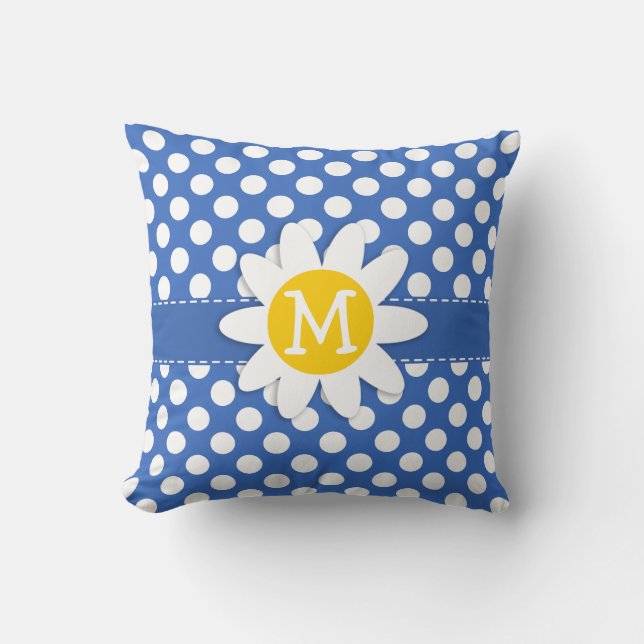 Cute Daisy på Cerulean Blue Polka dots Kudde (Framsida)