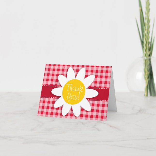 Cute Daisy på Retro Scarlet Red Gingham Mönster Tack Kort (Framsida)