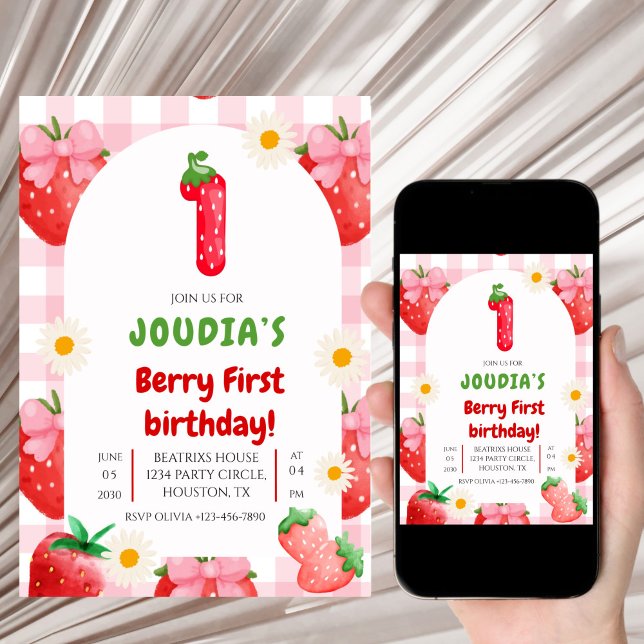 Cute Daisy Strawberries, Berry First Birthday  Inbjudningar (Skapare uppladdad)