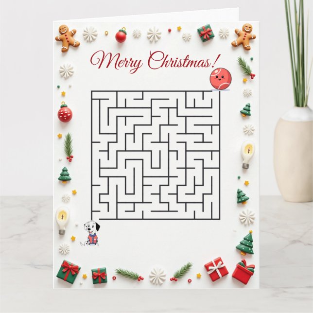Cute Dalmatian Dog Christmas Maze Puzzle Holiday Kort (Framsida)