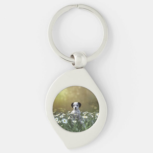 Cute Dalmatian Puppy i Daisy Swirl Silverfärgad Nyckelring (Framsidan)