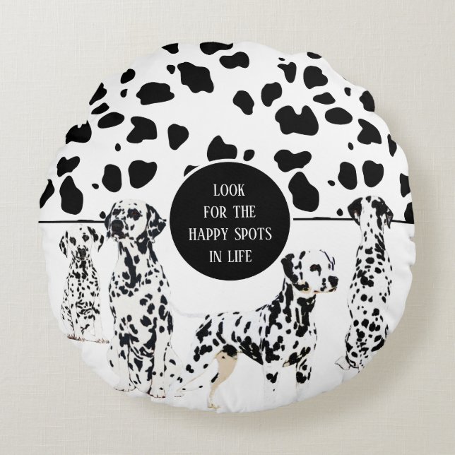 Cute Dalmatians Black & White Lycklig Spots Rund Kudde (Framsidan)