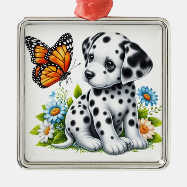 Cute Dalmatien/Butterfly-vänner Julgransprydnad Metall (Framsidan)