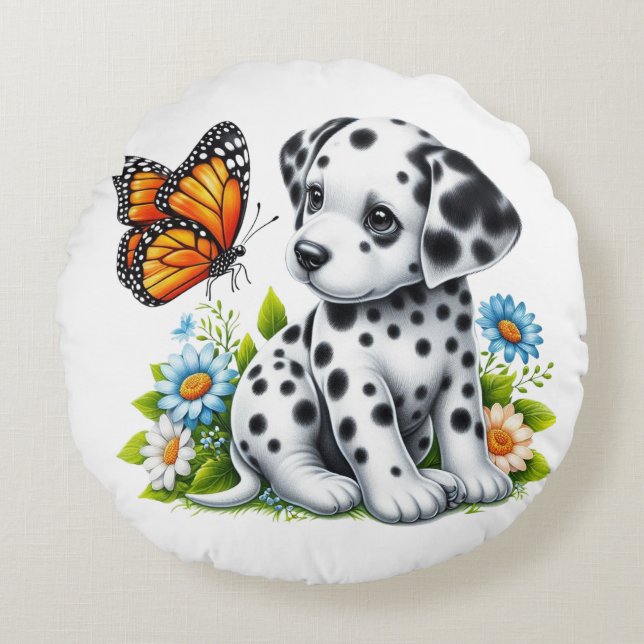 Cute Dalmatien/Butterfly-vänner Rund Kudde (Framsidan)