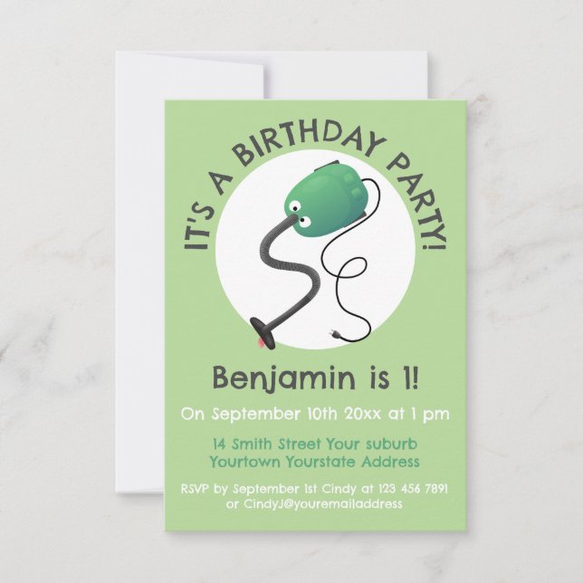 Cute dammsugare tecknad humor inbjudningar (Framsida)