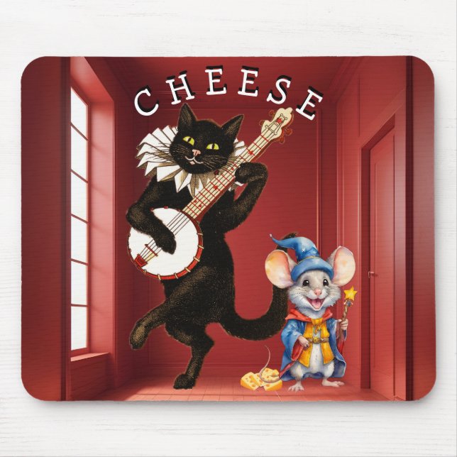 Cute Dancing Cat med Guitar och Mouse Friend Musmatta (Framsidan)