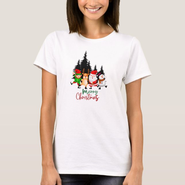 Cute Dancing Christmas Squad with Santa, Reindeer T Shirt (Framsida)