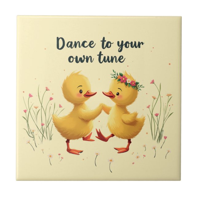 Cute Dancing Ducklings med Blommigt Vår Vibes Kakelplatta (Framsidan)