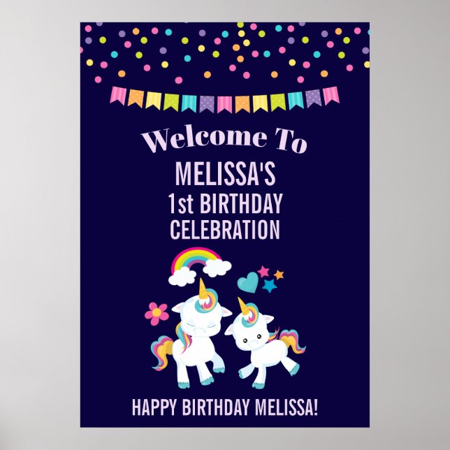 Cute Dancing Unicorns Magic Rainbow Birthday Poster (Framsidan)