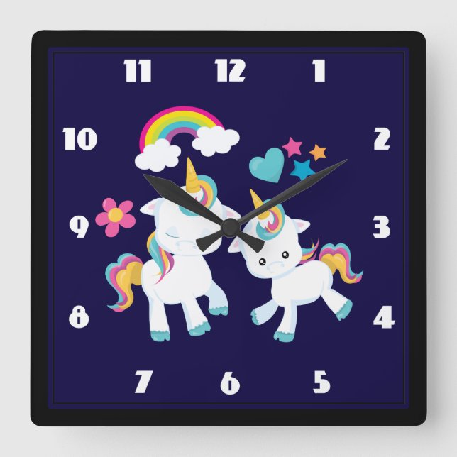 Cute Dancing Unicorns Magic Rainbow & Stars Fyrkantig Klocka (Framsida)