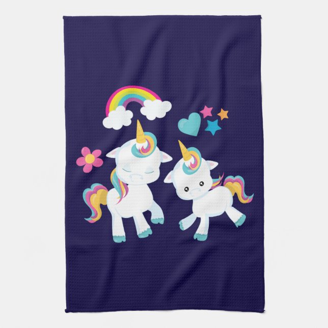 Cute Dancing Unicorns Magic Rainbow & Stars Kökshandduk (Vertikal)