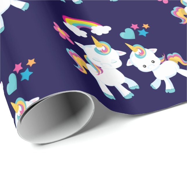 Cute Dancing Unicorns Magic Rainbow & Stars Presentpapper (Rullad Hörn)