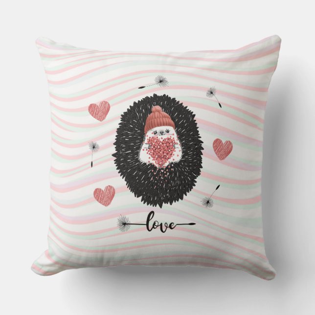 Cute Dandelion Hedgehog Rosa Heart Kudde (Framsida)
