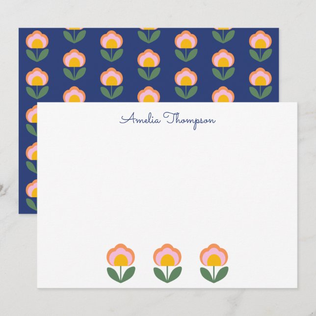 Cute Danish FolFlower Blue Personlig Namn Anteckningskort (Fram/baksida)