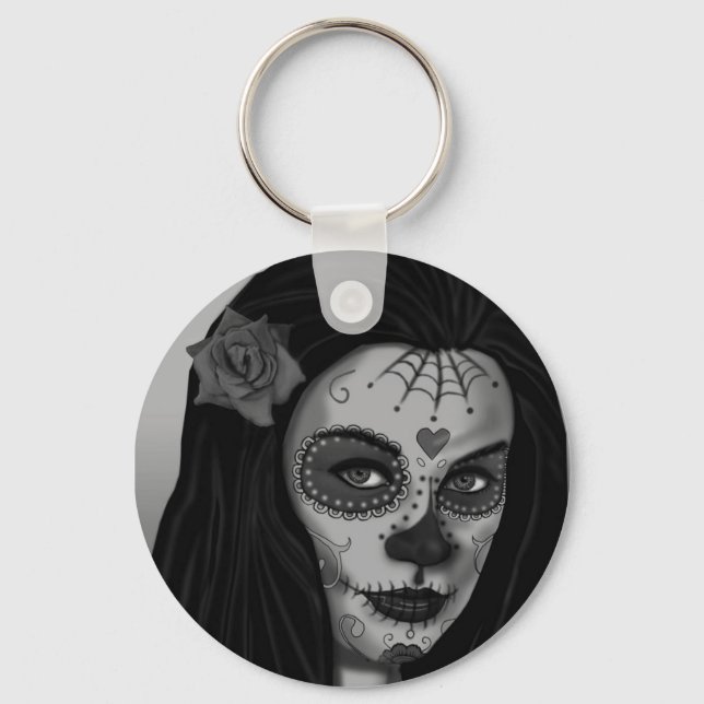 Cute Day of the dead Gothic Girl Keychain Nyckelring (Framsida)