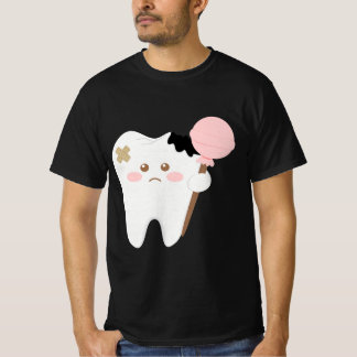Cute decayed tooth cartoon holding lollipop funny  t shirt